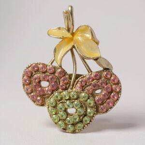 Whimsical Yellow and Pink Cherry enamel and rhinesfone Brooch. Pink and green